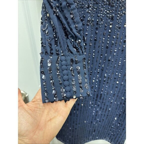 Mac Duggal Size 12 Navy 93593 Sequined V Neck Bishop Sleeve Midi Cocktail Dress - Picture 7 of 13